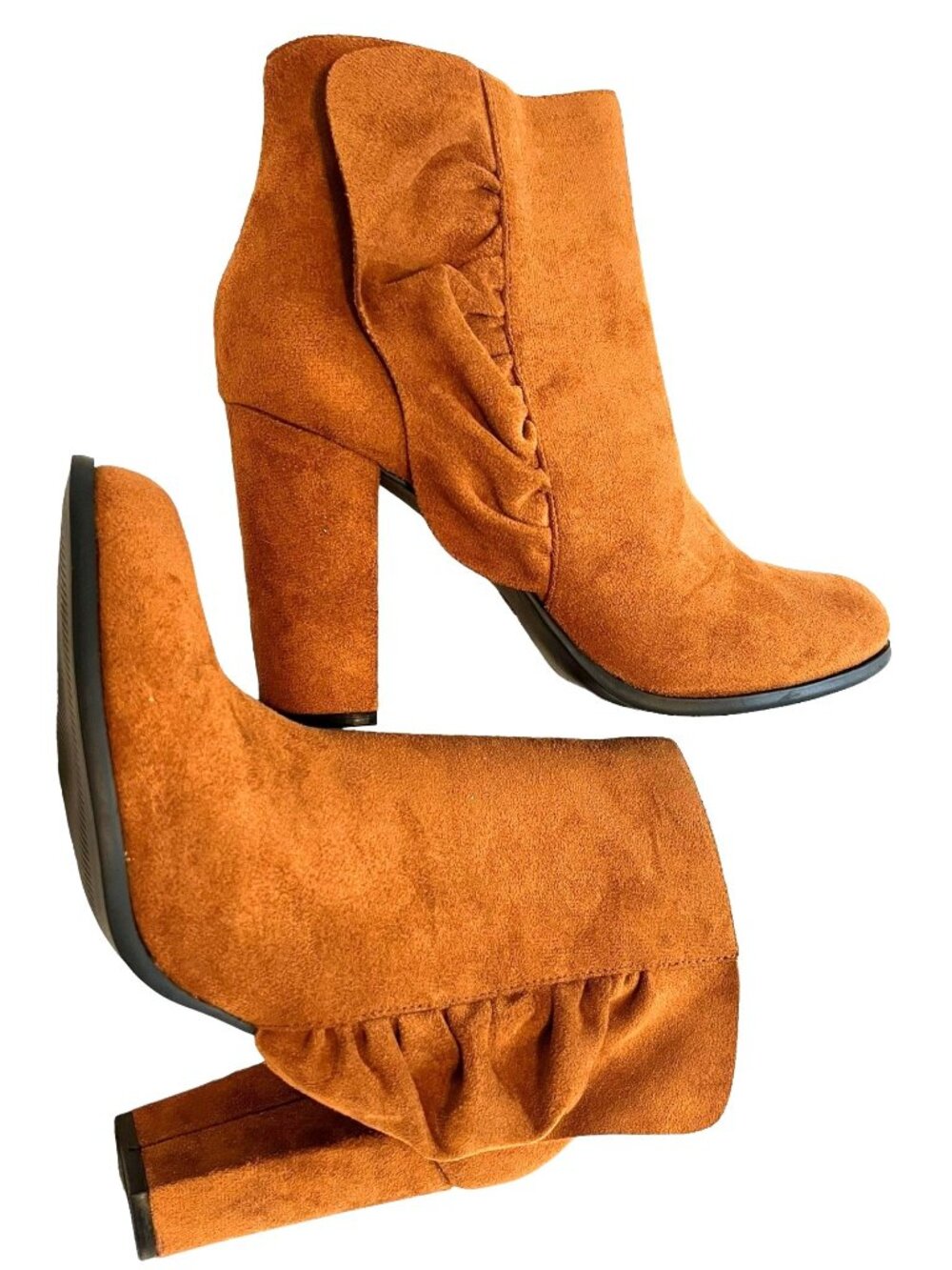 Ruffled Tan Suede Ankle Booties Size 9.5